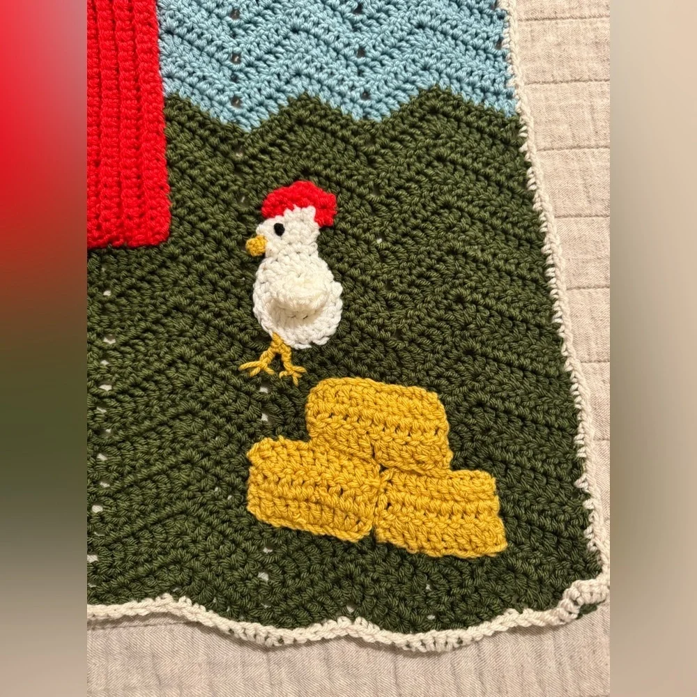 Farm Themed Crochet Blanket featuring a barn, chicken, tractor and hay bale